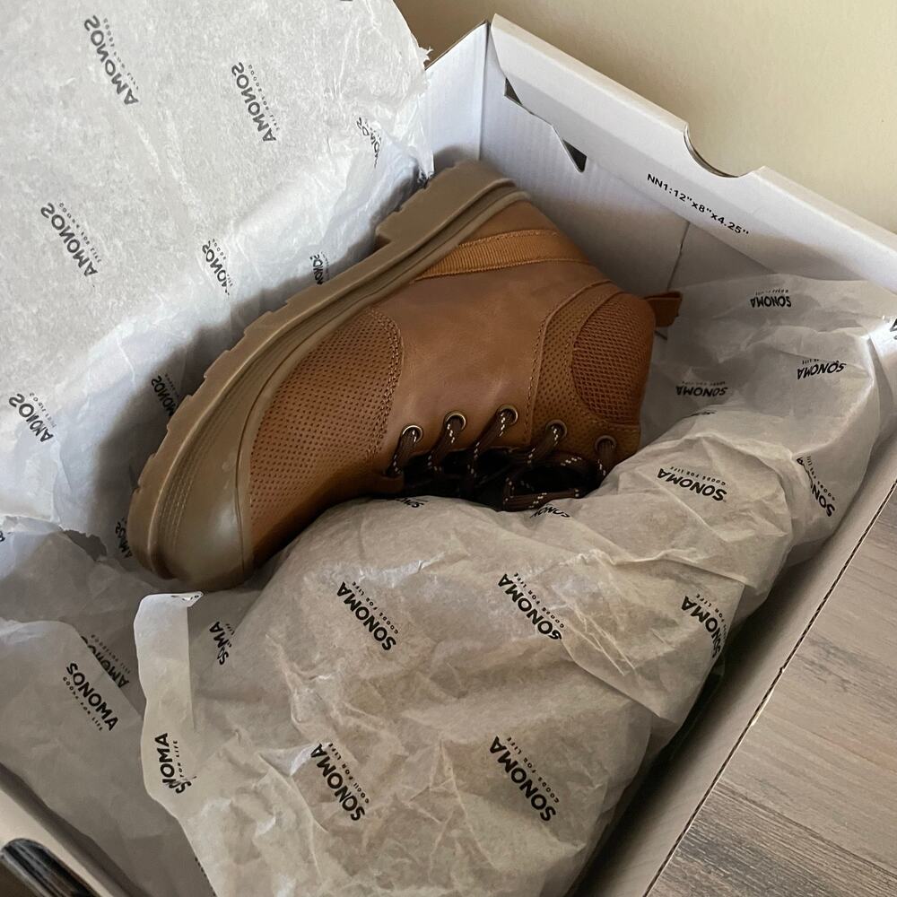 Sonoma Nicco Toddler Boys Boots Size 12 Cognac Brown Memory Foam Ankle Boots Box - Picture 11 of 11